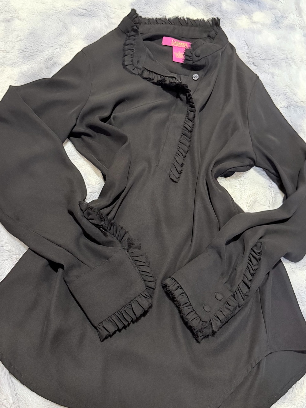 Catherines Black Ruffle-Trim Long Sleeve Blouse